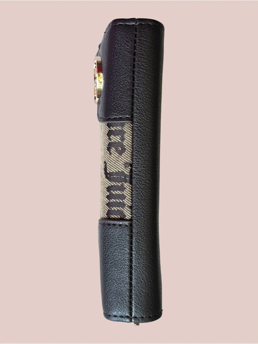 Juicy Couture Black and Beige Logo Zip Wallet with Gold Heart Emblem y2k clutch